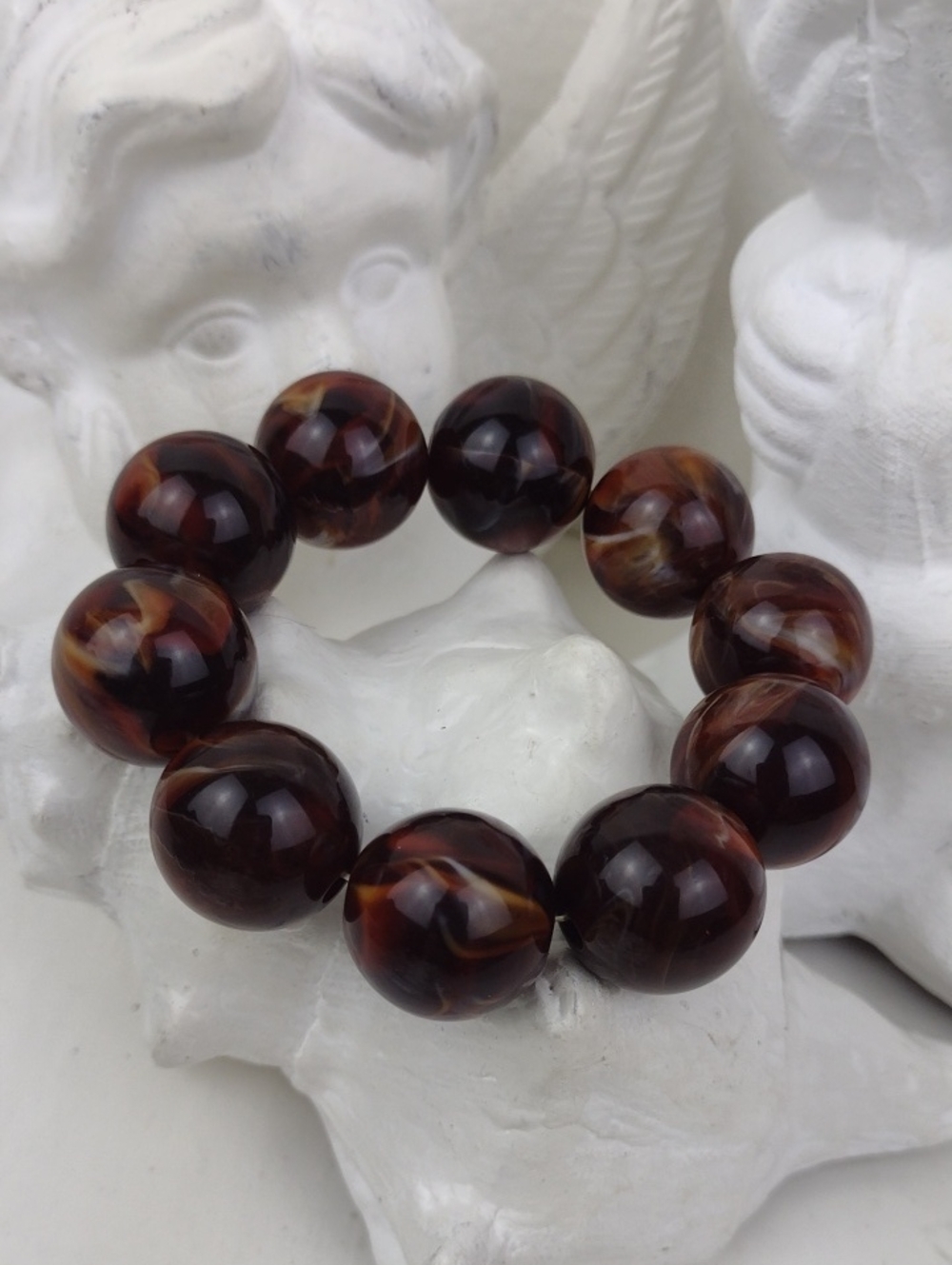 Chunky Marbled Classic Brown Polished Bead Stretch Bracelet